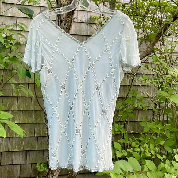 Adrianna Papell Silk Sequined Dressy Top.  Pale Green, Lined Size Large - Picture 12 of 15
